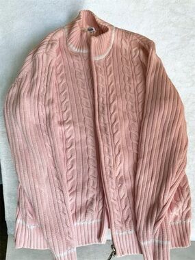 cAbi Pink Cable-Knit Zip Cardigan with White Trim